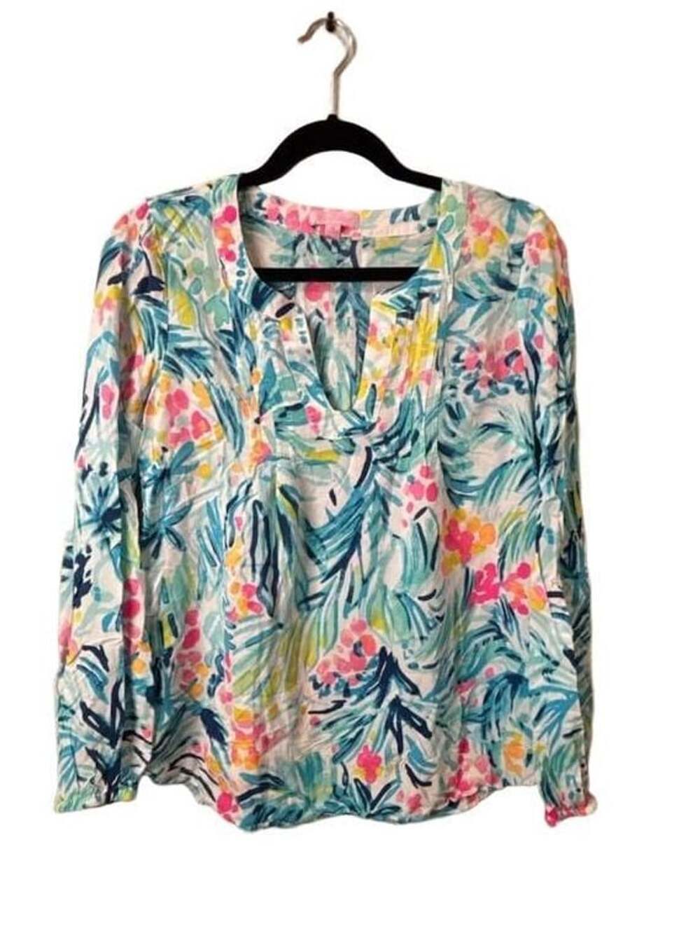 Lilly Pulitzer Colby Top Size M Blue Floral Long Sleeve Blouse